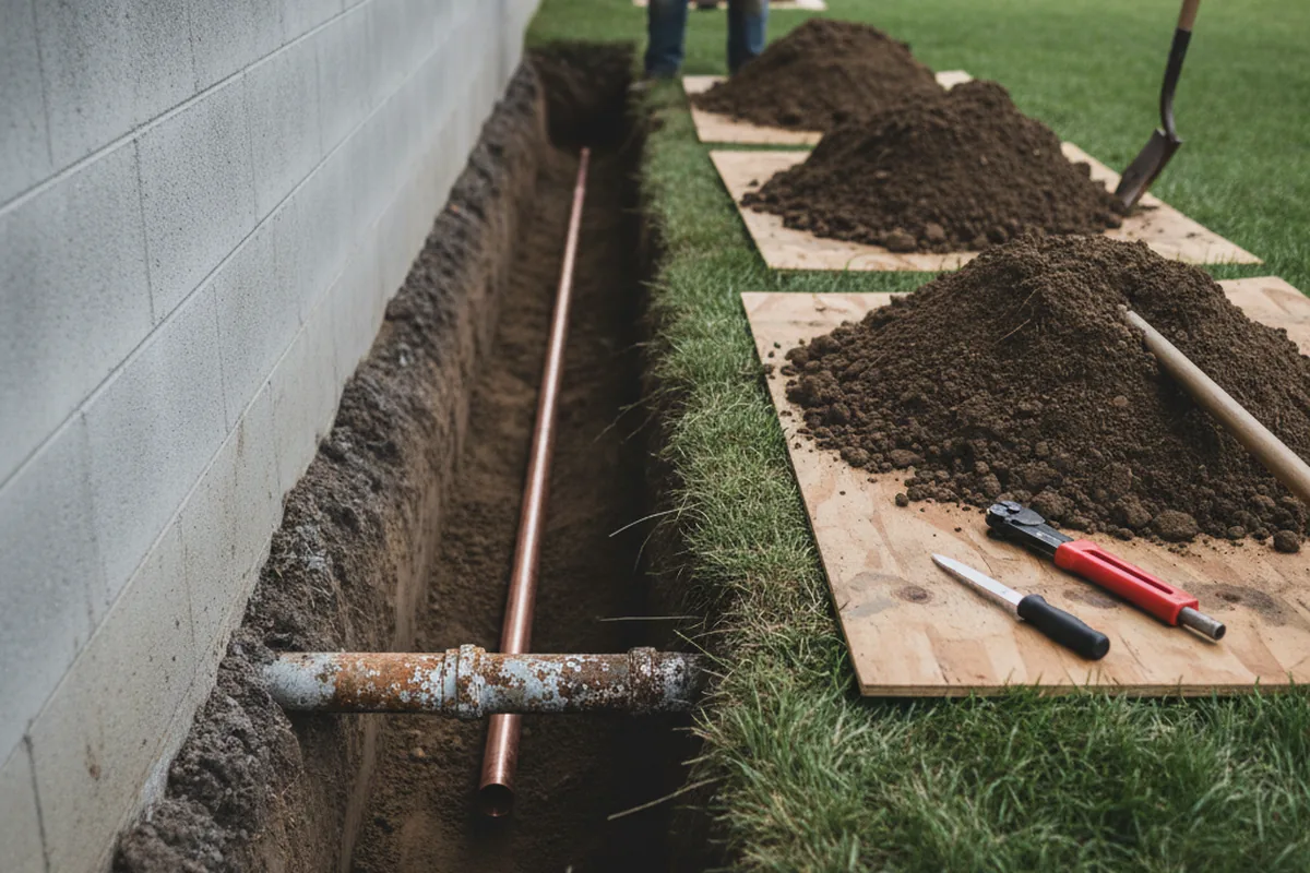 Excavated water line trench during Water Softener Installation in Edgartown